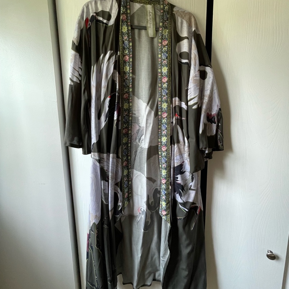 Aratta Silent Journey Green Kimono with Floral Trim